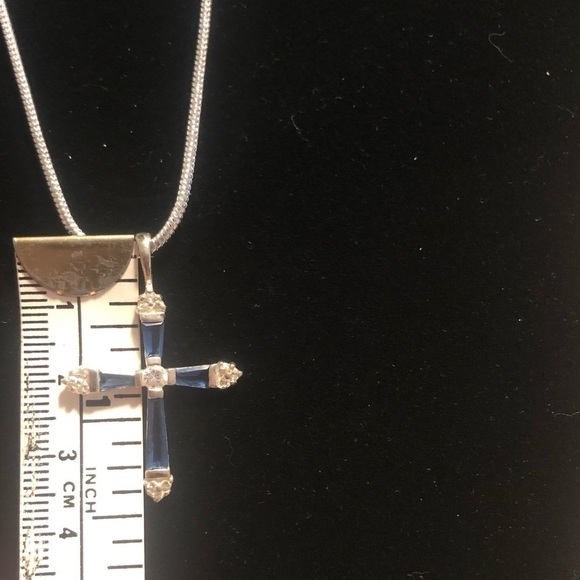 VTG Sterling Blue White CZ Cross Stamped 925 JJT CZ 1.4” w 20” 925 Snake Chain - Picture 8 of 8